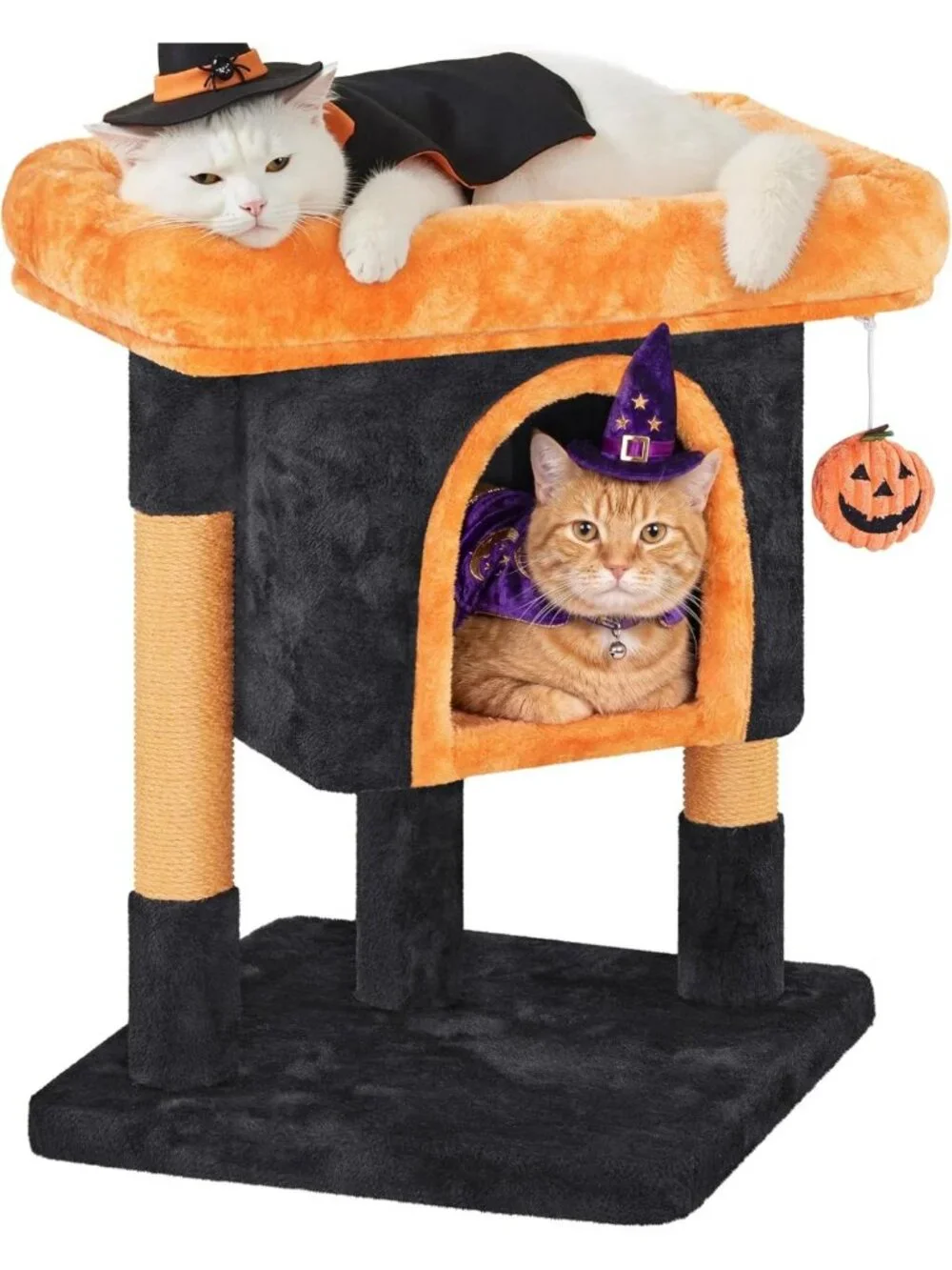 Halloween Cat Tree for Cats - Black & Pumpkin Orange Small Cat Tower, Fun & Cozy